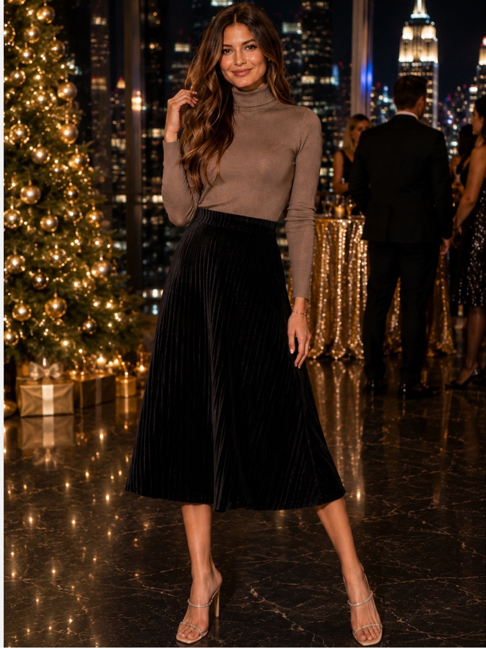 NWT Alexia Admor Black‎ Velvet Pleated Midi Length Skirt Holiday Christmas